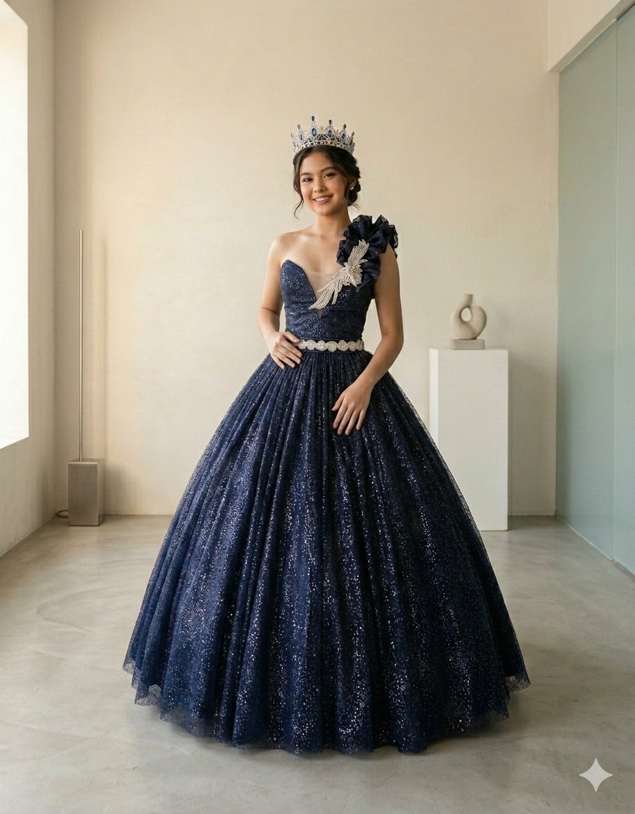 Vestido Azul Brilhante Debutante Dois em Um