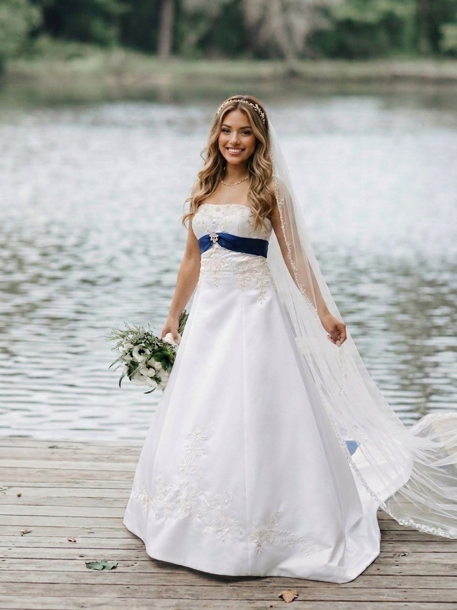 Vestido Clássico com Faixa Azul