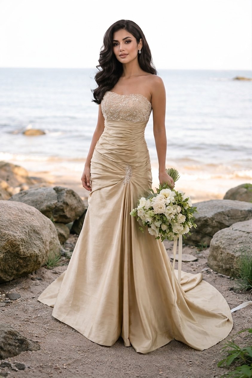 Vestido Dourado com Cauda Elegante